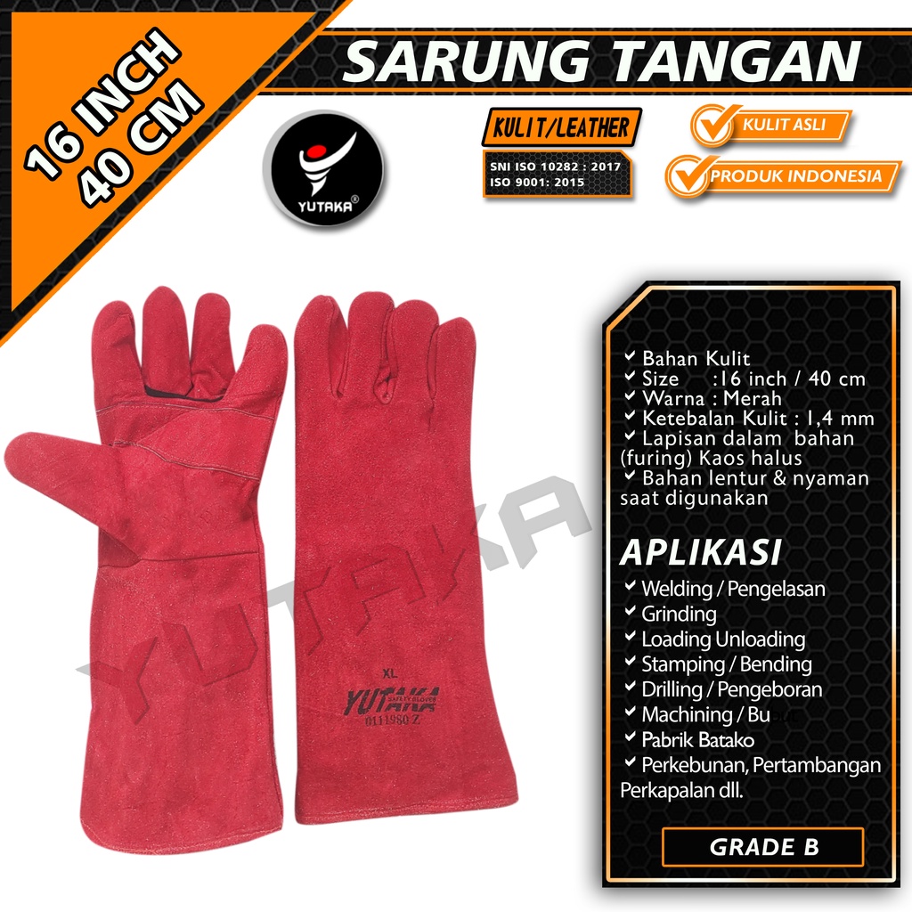 Jual SARUNG TANGAN LAS YUTAKA 16 INCH MERAH Sarung Tangan Kulit Las