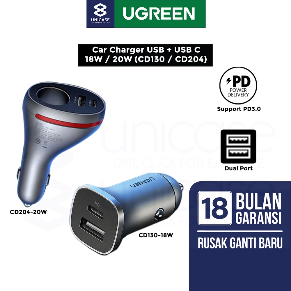 Jual Car Charger Dual Port Socket UGREEN USB 18W C 20W PD QC Fast