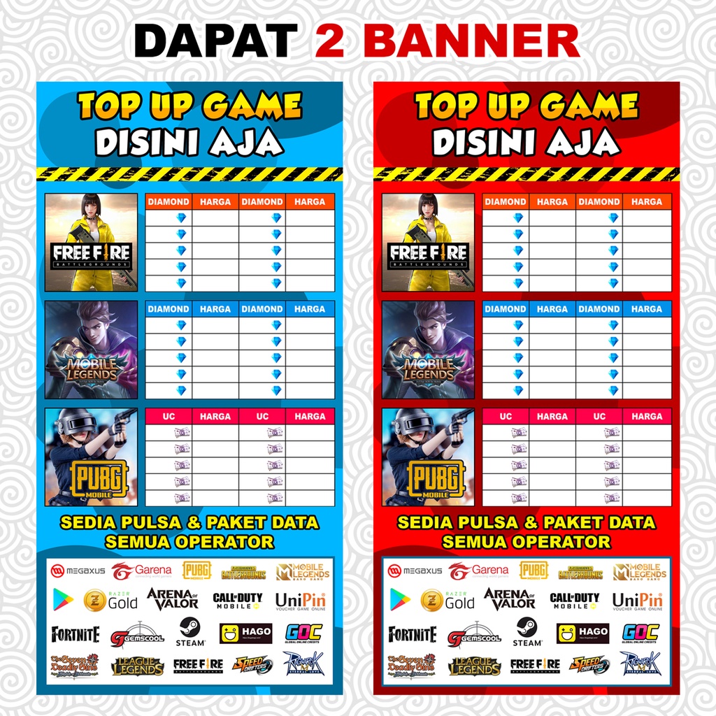 Jual BANNER GAME SPANDUK TOP UP GAME TERMURAH TERLENGKAP PAKET 2 BANNER