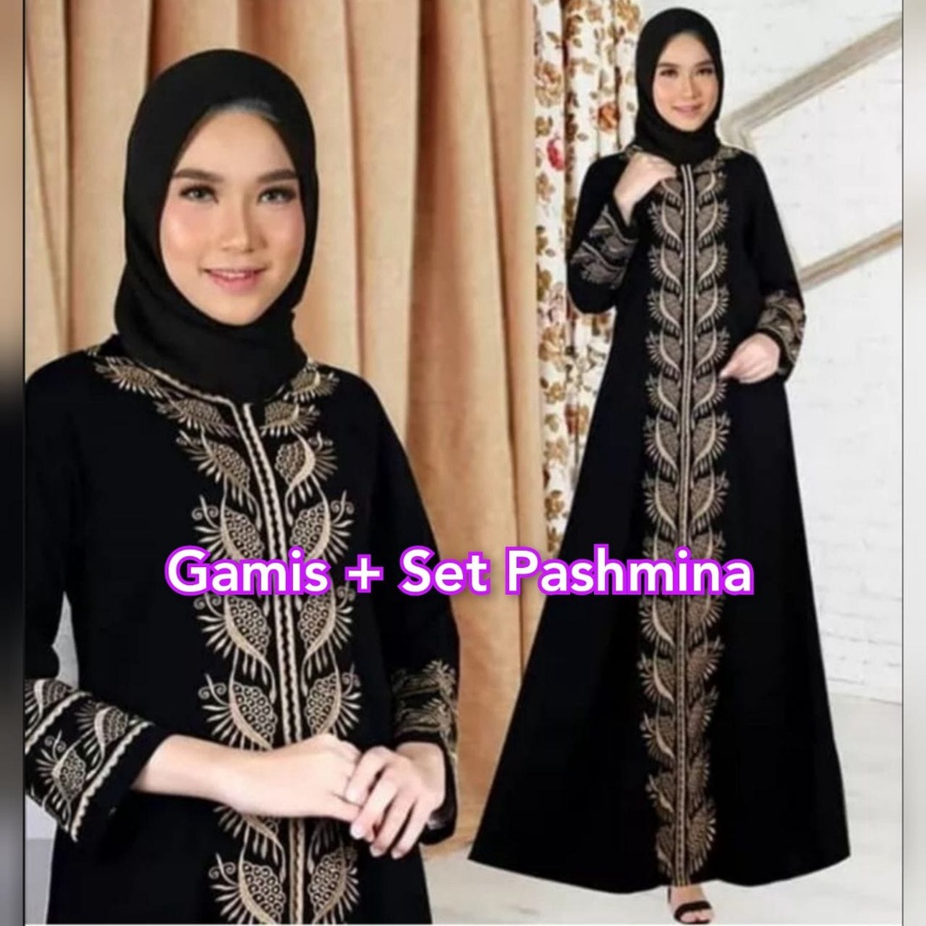 Jual Baju Abaya Dubai Hitam Bordir Mewah Jumbo Set Pashmina Hijab