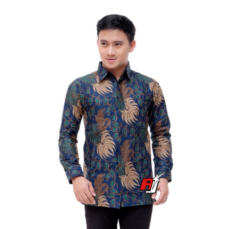 Jual Atasan Kemeja Batik Cowok Lengan Panjang Birel Navy Dongker M L XL