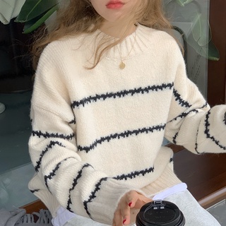 Jual YURUMA Sweater Pullover Leher Bulat Wanita Baru Longgar Garis