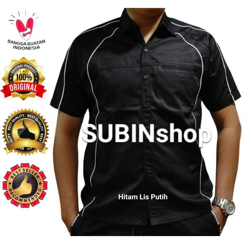 Jual Kemeja Seragam Kerja Hitam Polos Lis Putih Model S M L Xl