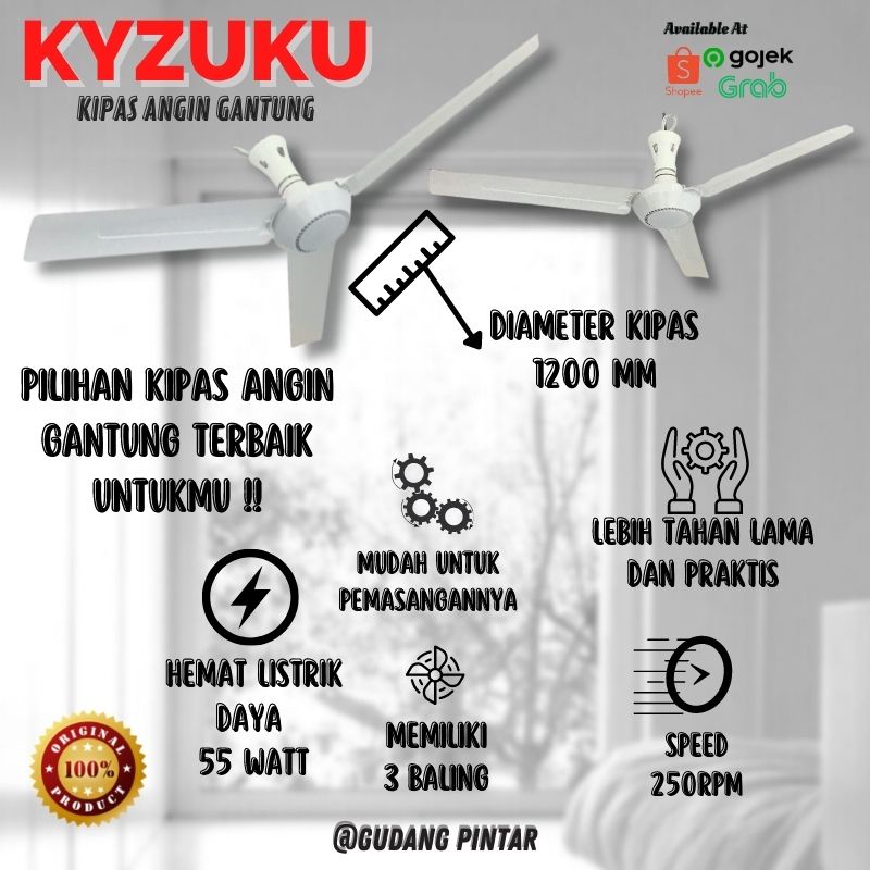 Jual Kipas Angin Gantung Langit Plafon Kyzuku 55 Watt Jumbo 3 Baling