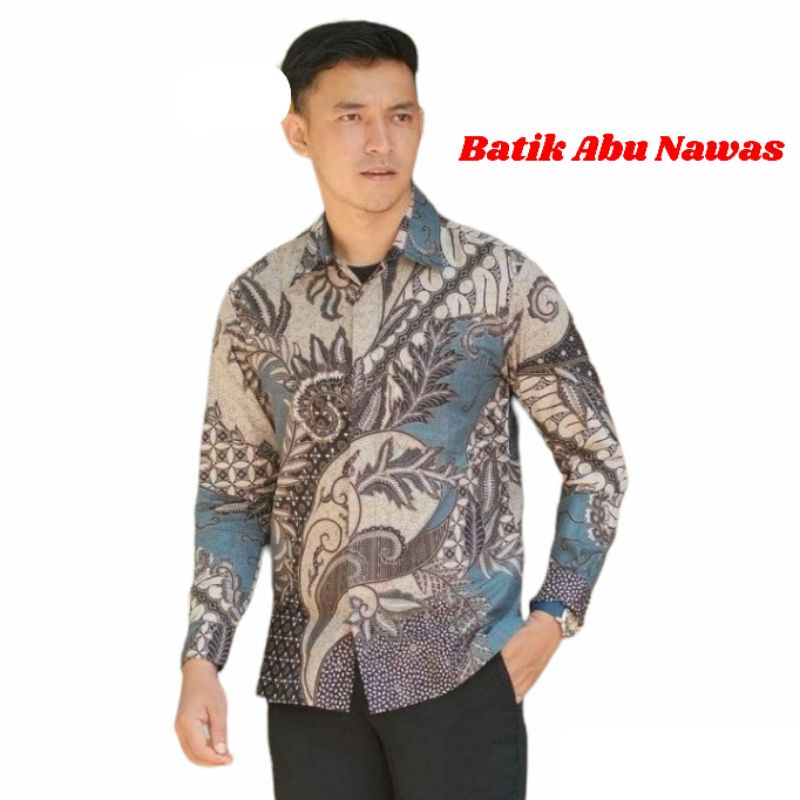 Jual Baju Pria Kemeja Lengan Panjang Motif Batik Kembang Seno Kate Biru