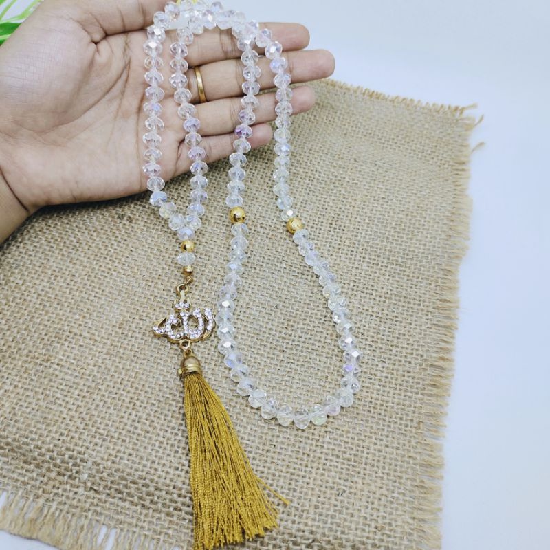 Jual Tasbih Batu Kristal Putih Bening Lafadz Allah Butir Mm