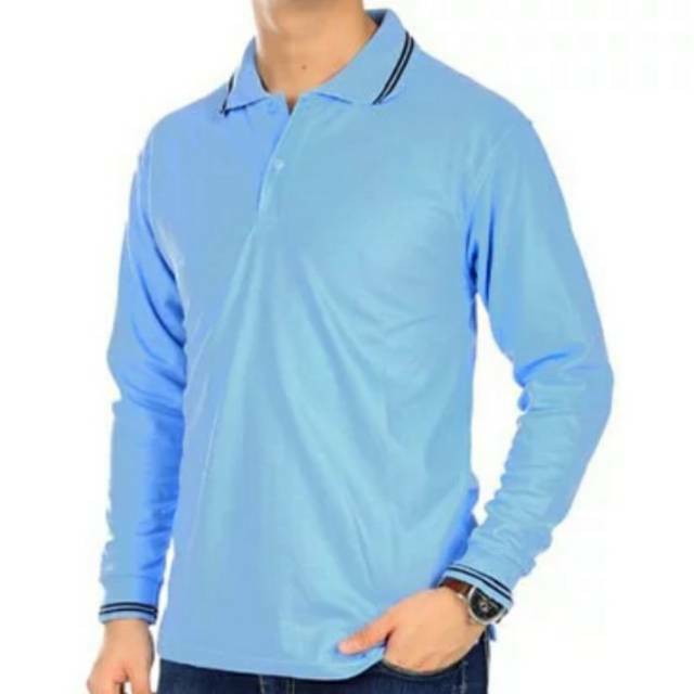 Jual Kaos Polo Kerah Polos Biru Muda Lengan Panjang Shopee Indonesia