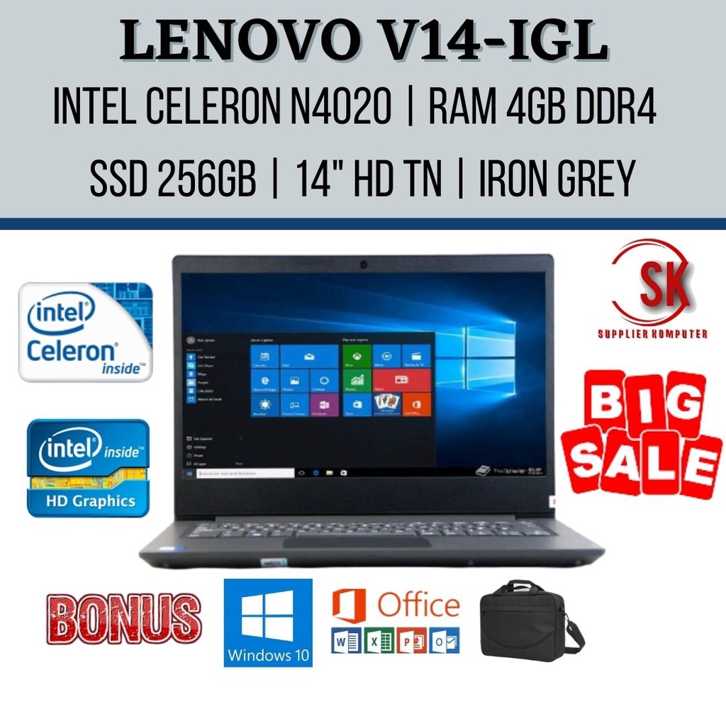 Jual LAPTOP LENOVO V14 IGL SSD 256GB RAM 4GB INTEL N4020 14INCH