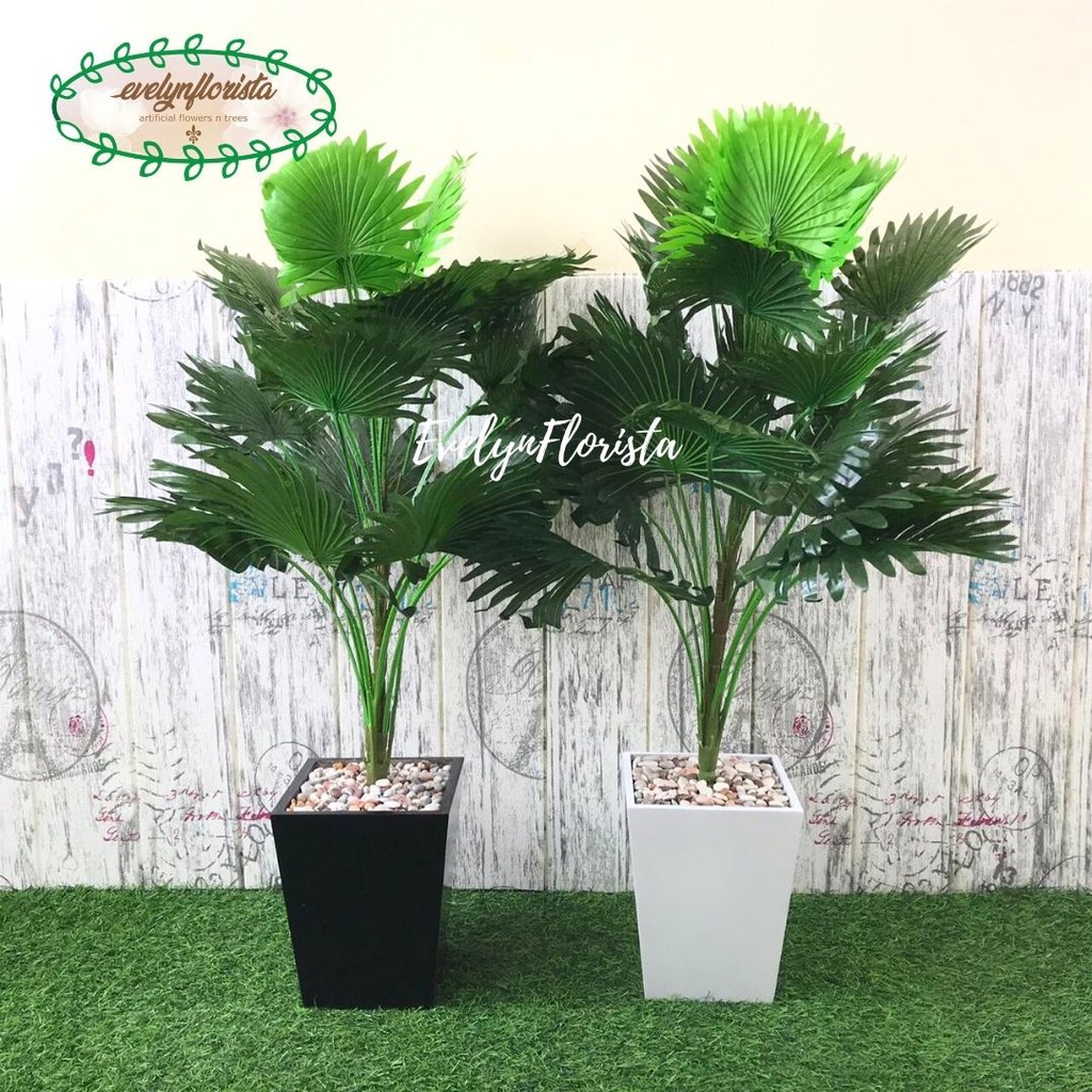 Jual Pohon Artificial Daun Palem Kipas Hijau Pot Kayu Hitam Putih