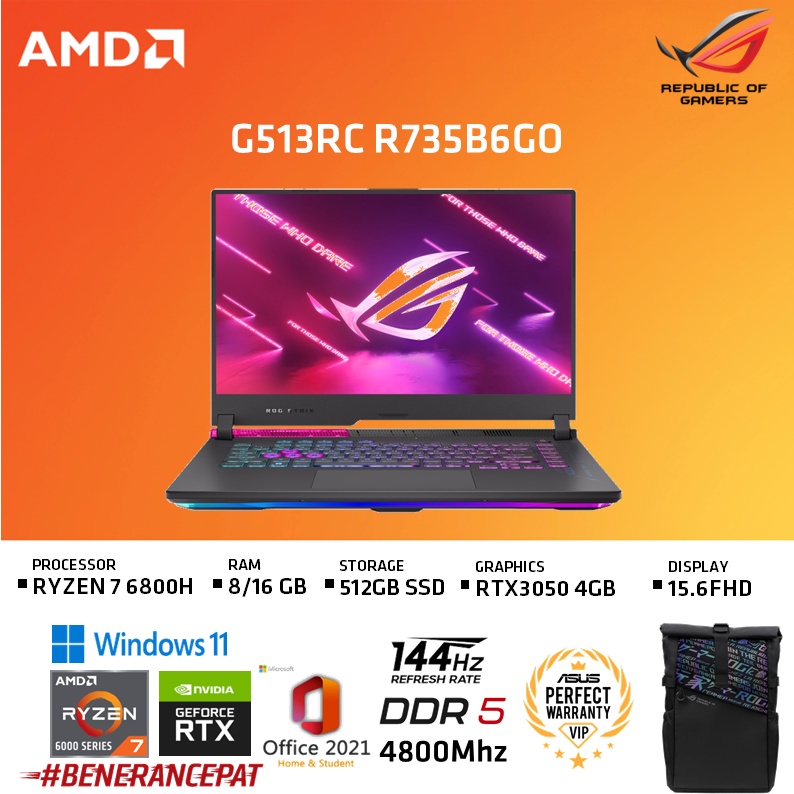 Jual ASUS ROG STRIX G15 G513RC RYZEN 7 6800H 8GB 512GB RTX3050 144Hz