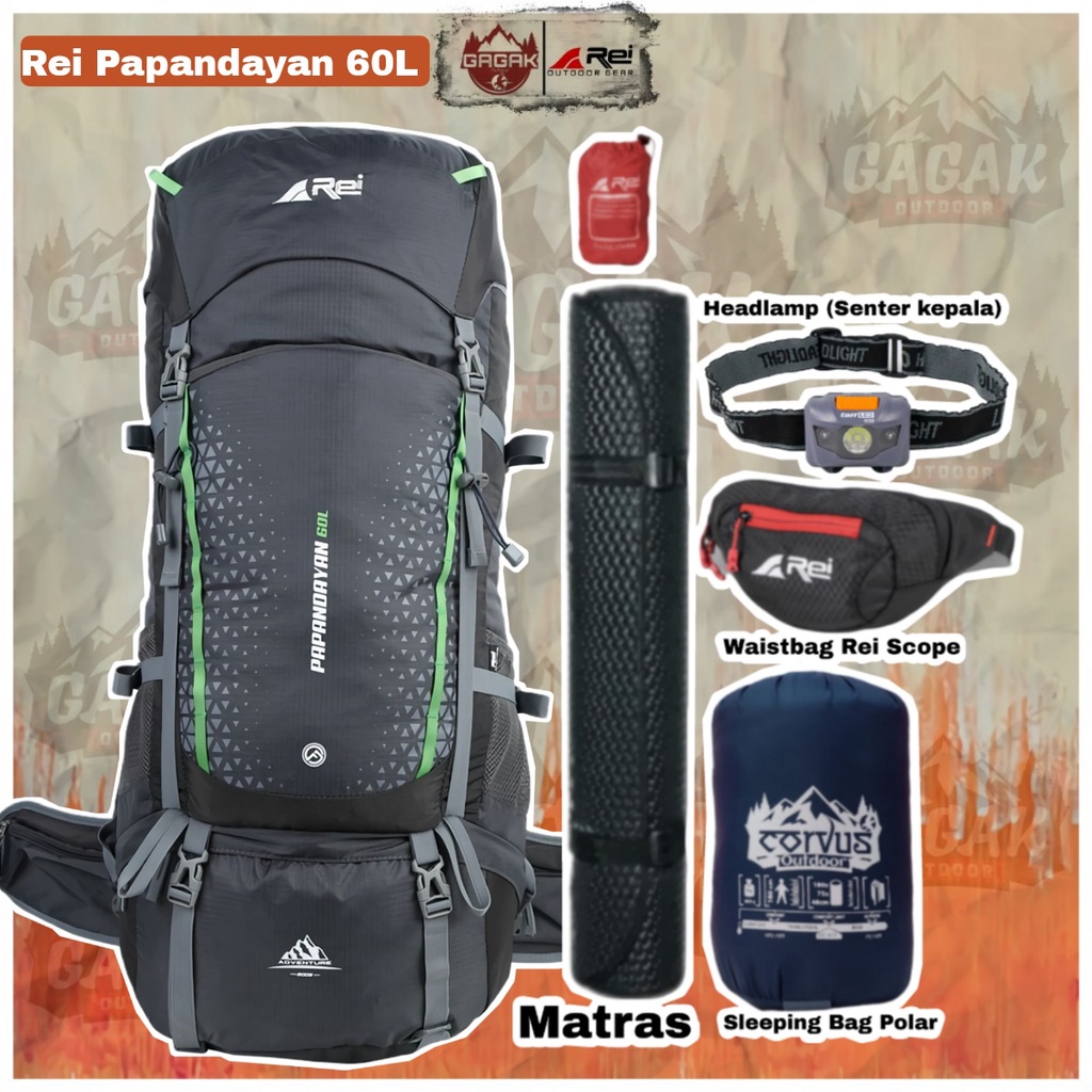 Jual Paket Hemat Alat Pendaki Gunung Carrier REI Arei Papandayan 60L