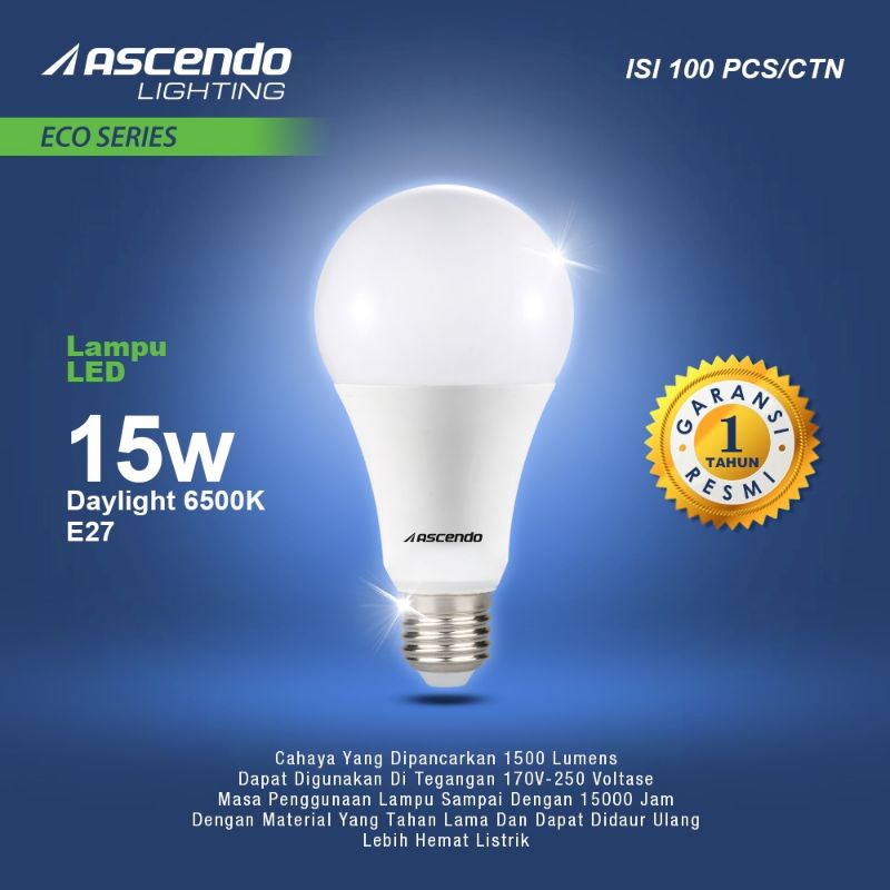 Jual ASCENDO 15Watt Lampu Bohlam LED 15 Watt PUTIH ECO SERIES E27