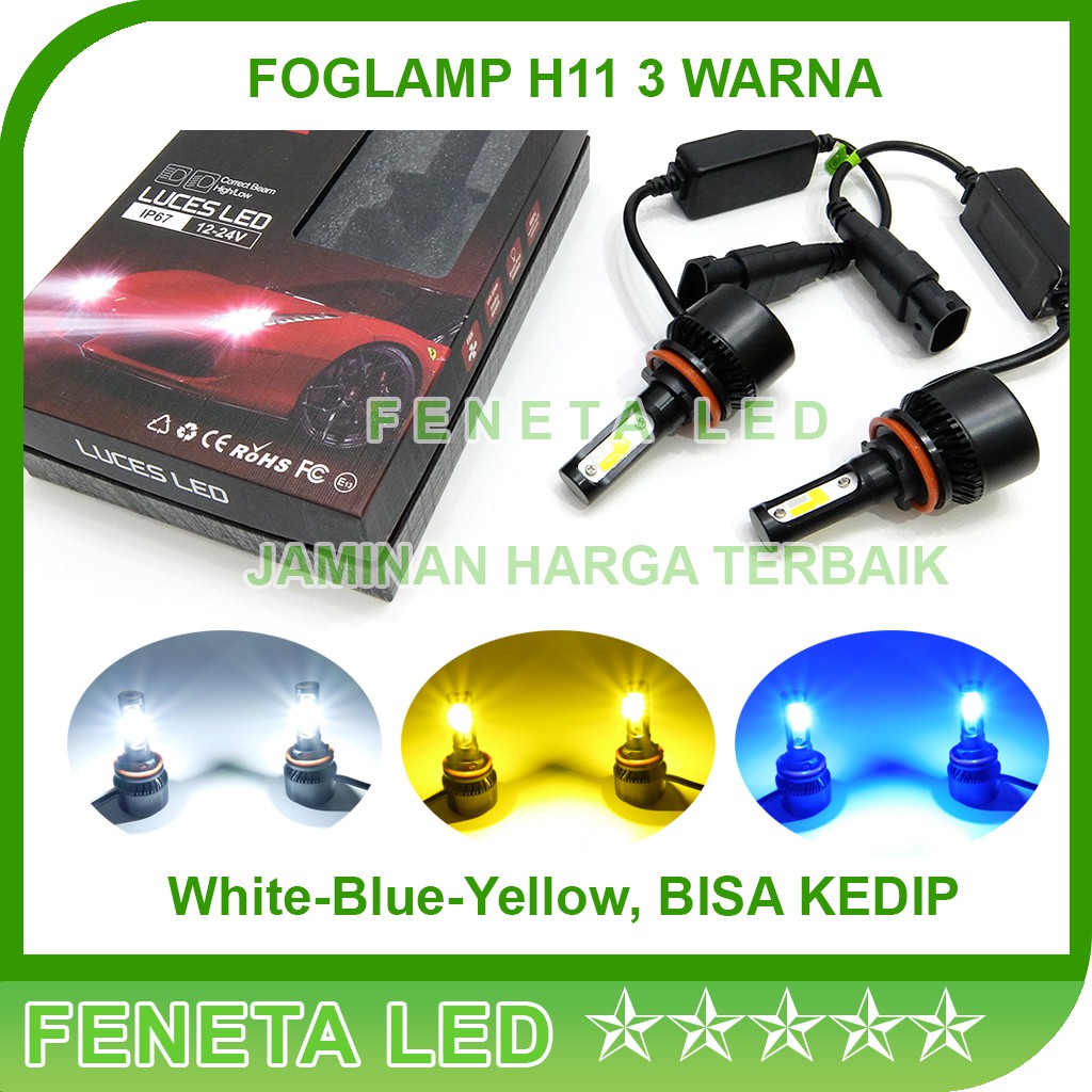 Jual 1 Set Lampu Mobil LED 3 Warna H11 HB4 H7 H8 H1 30W 3200 Lumens