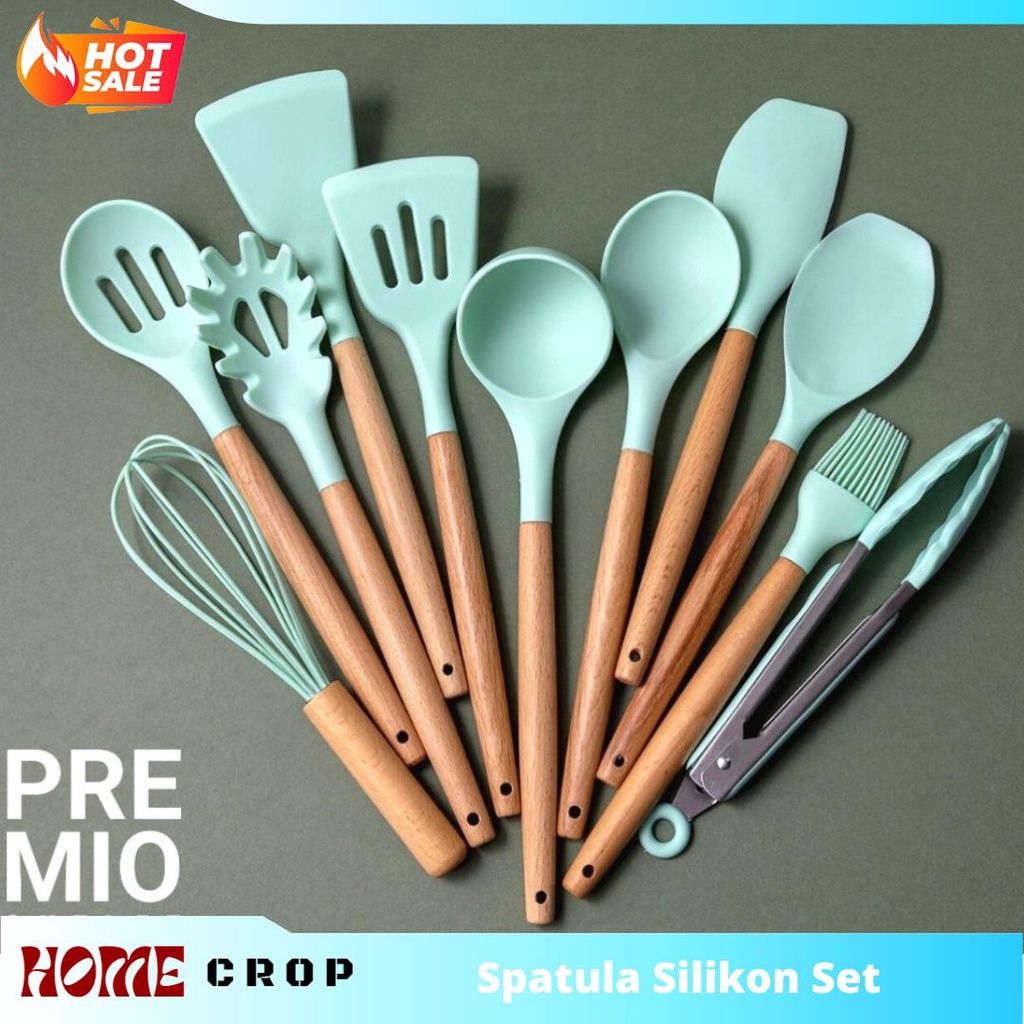 Jual Alat Masak Set Spatula Silikon Gagang Kayu Tahan Panas Lengkap