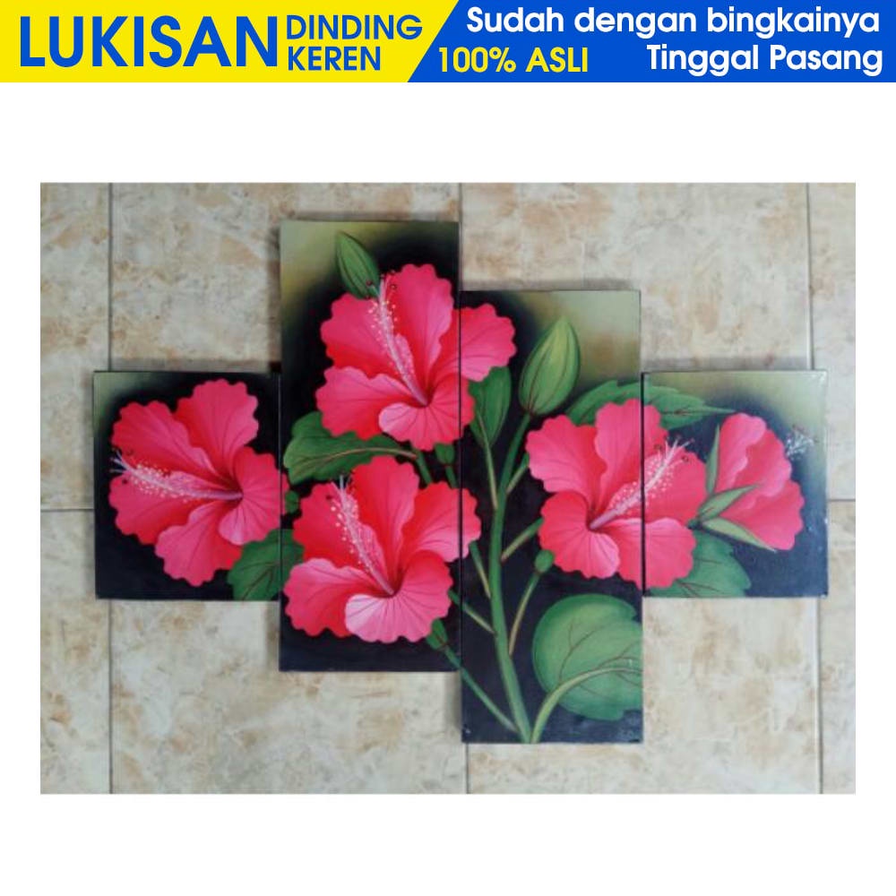 Jual Lukisan Panel Bunga Kembang Sepatu Merah Kaligrafi Hiasan Dinding