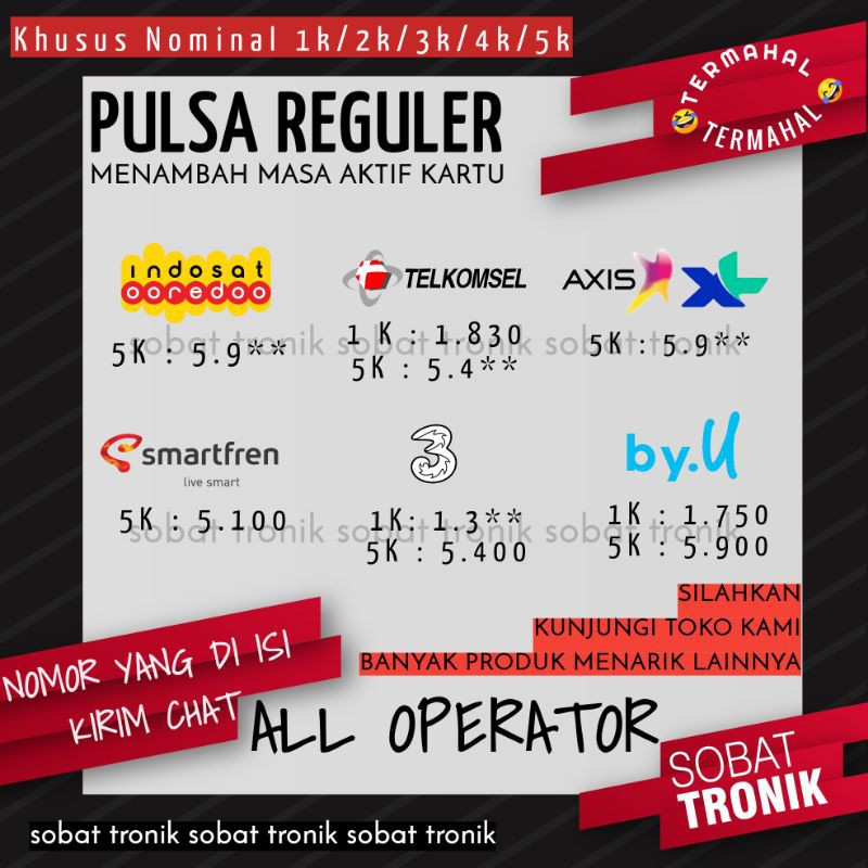 Jual SOBAT TRONIK PULSA REGULER TELKOMSEL INDOSAT TRI XL AXIS BY U