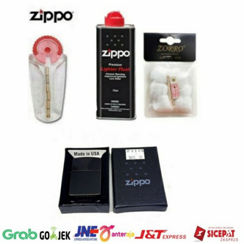 Jual Paket Komplit Korek Zippo Black Lengkap Plus Minyak Batu Kapas Dan