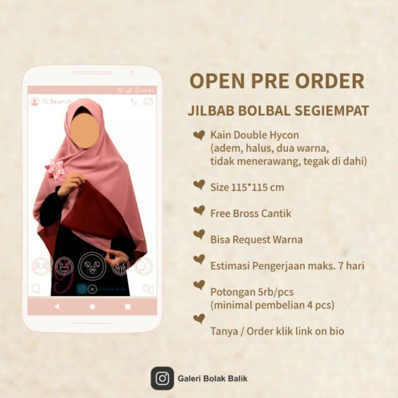 Jual Pre Order Jilbab Hijab Bolak Balik Segiempat Hijab Dua Warna