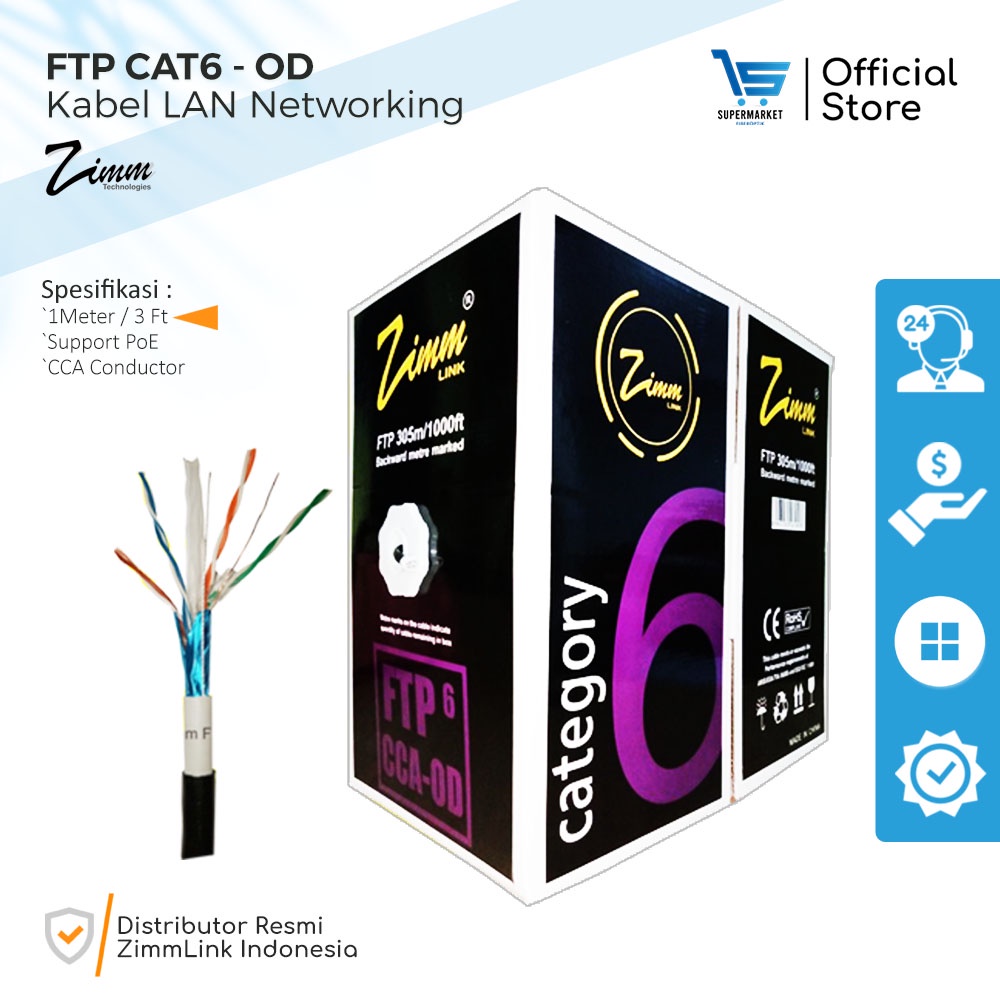 Jual Kabel LAN FTP Cat 6 Outdoor CCA Double Jacket Zimmlink Ecer