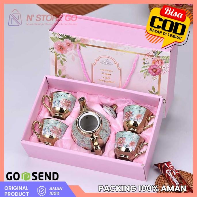 Jual Paket Parcel Cangkir Teko Kramik Set 4 Cangkir 1 Pot Corak Model