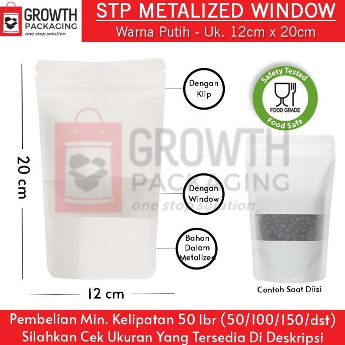 Jual PLASTIK STANDING POUCH WINDOW METALIZE 12x20 HITAM PUTIH ZIPPER