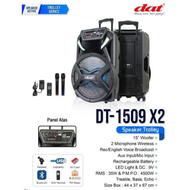 Jual Speaker Portable 15 Inch DAT DT 1509 X2 Bluetooth Karaoke 2 Mic