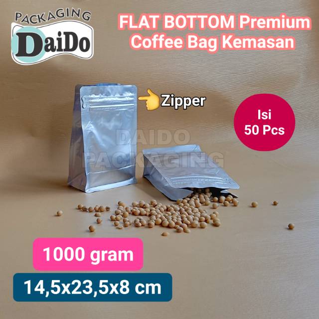 Jual FLAT BOTTOM SILVER 1000 Gram Premium Coffee Bag Kemasan Kopi Pouch