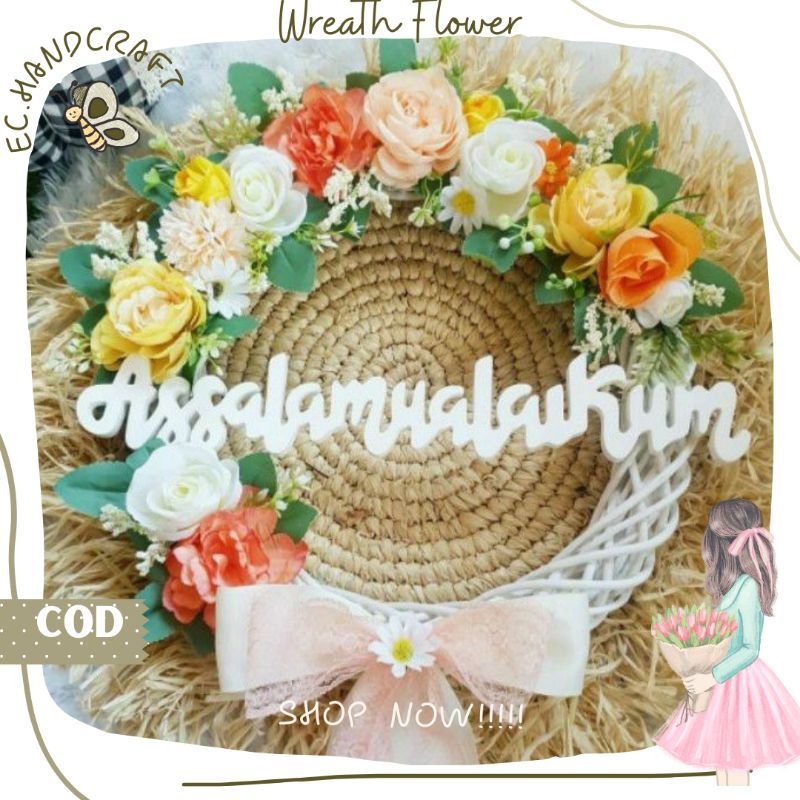 Jual Hiasan Dinding Hiasan Pintu Wreath Flower Rotan Tulisan Salam