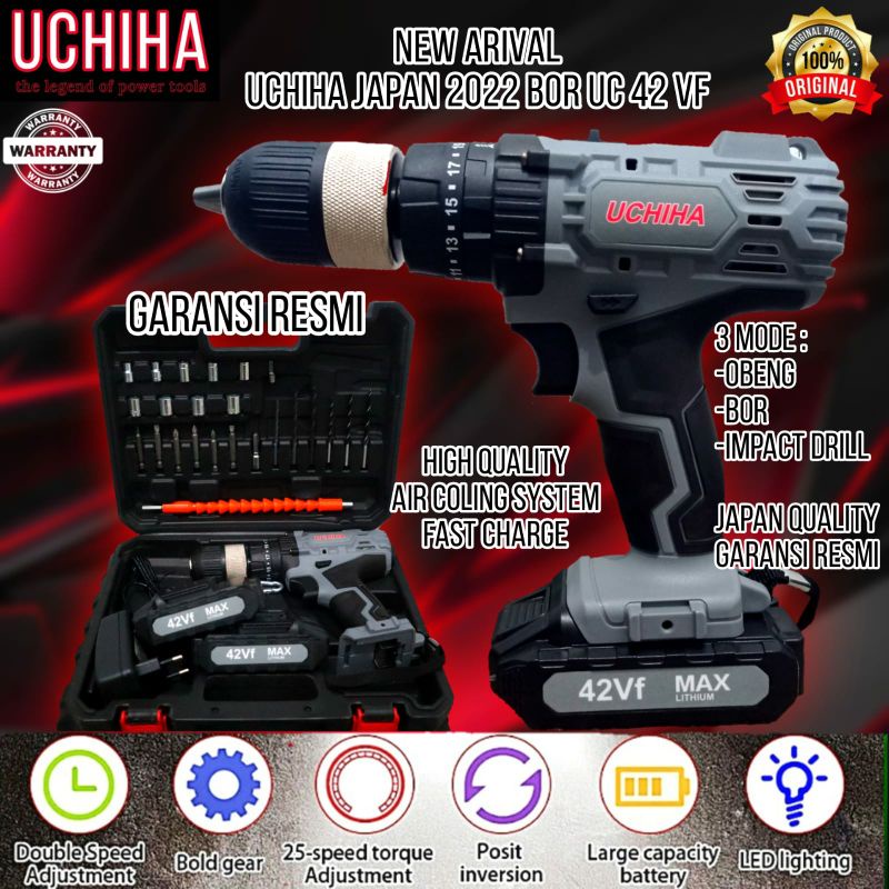 Jual MESIN BOR BATERAI CORDLESS IMPACT DRILL Uchiha 42VF 13MM 2022 BESI