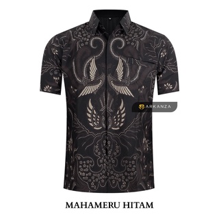 Jual Batik Arkanza Motif Mahameru Hitam Hem Atasan Kemeja Baju Batik