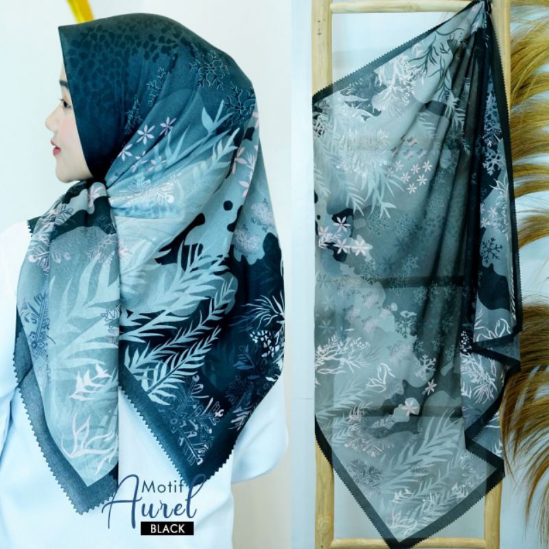 Jual Hijab Denay Motif AUREL BLACK Jilbab Segi Empat Voal Premium