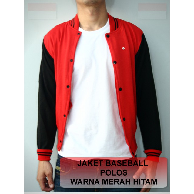 Jual PROMO JAKET BASEBALL POLOS MERAH LENGAN HITAM SWEATER PRIA COWOK