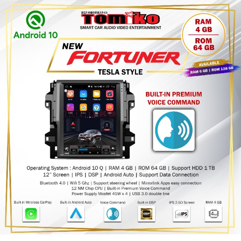 Jual Headunit Android Tesla All New Fortuner TOMIKO Layar 12Inch RAM