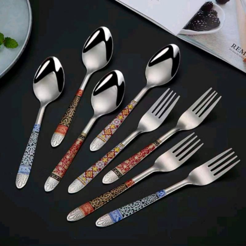 Jual 1 LUSIN 12 PCS SENDOK GARPU MAKAN SET MOTIF BATIK STAINLESS