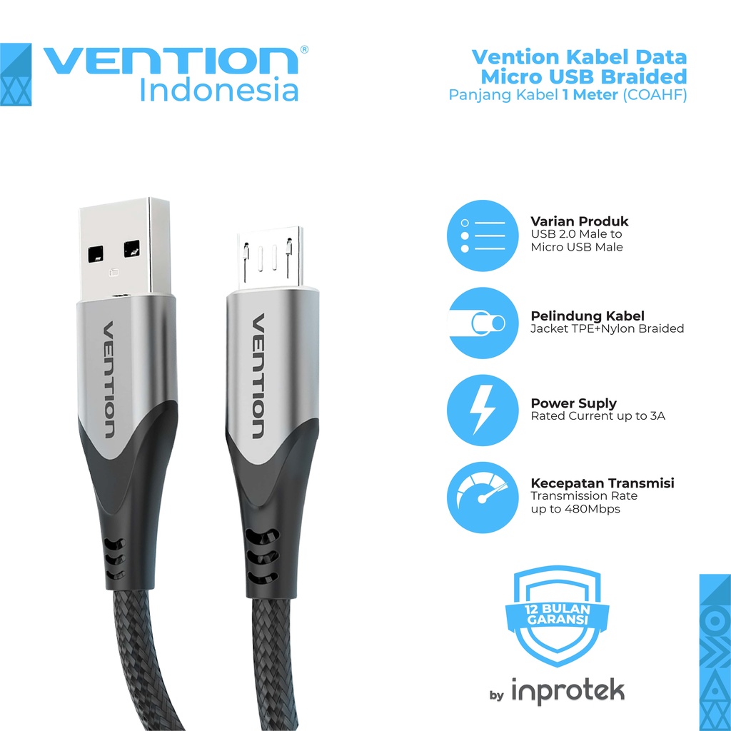 Jual Vention Kabel Charger Micro USB Type C Fast Charge Braided For