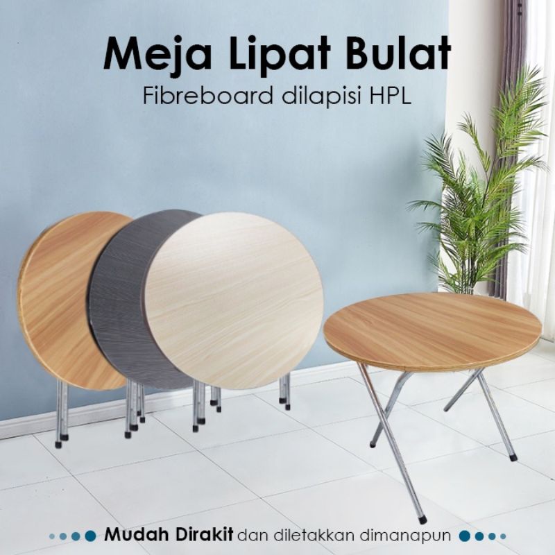 Jual Meja Lipat Bulat Kayu Kaki Silang Stainless 60cm Model Estetik