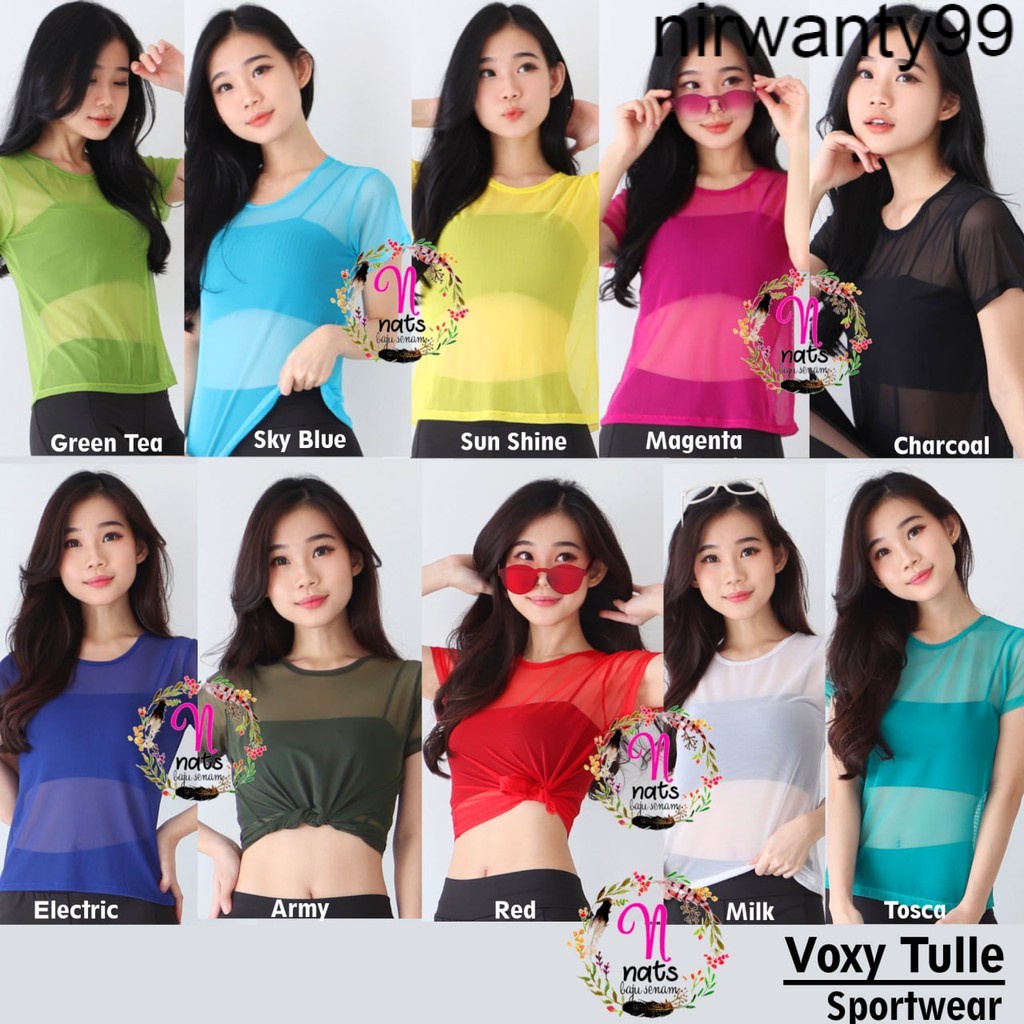 Jual NJ7G Baju Kaos Senam Wanita VOXY TULLE TOP Outer Jaring Tile Baju