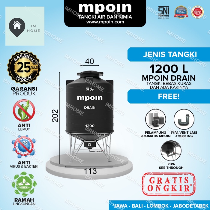 Jual IMHOME Tangki Toren Air Kaki MPOIN Drain 1000 Liter Bebas