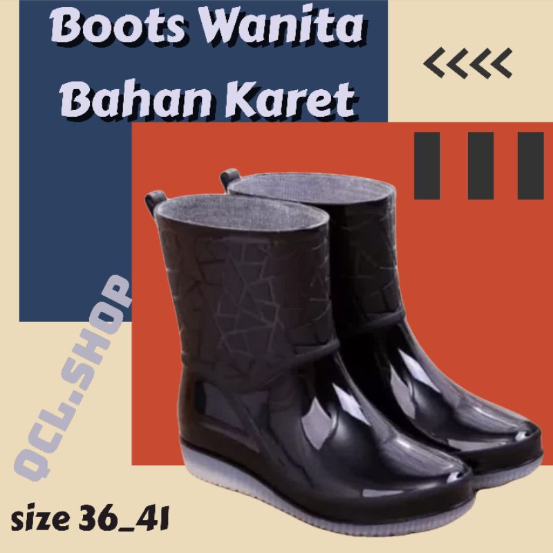 Jual Sepatu Boots Wanita Anti Air Sepatu Boots Hujan Low Heels Bahan