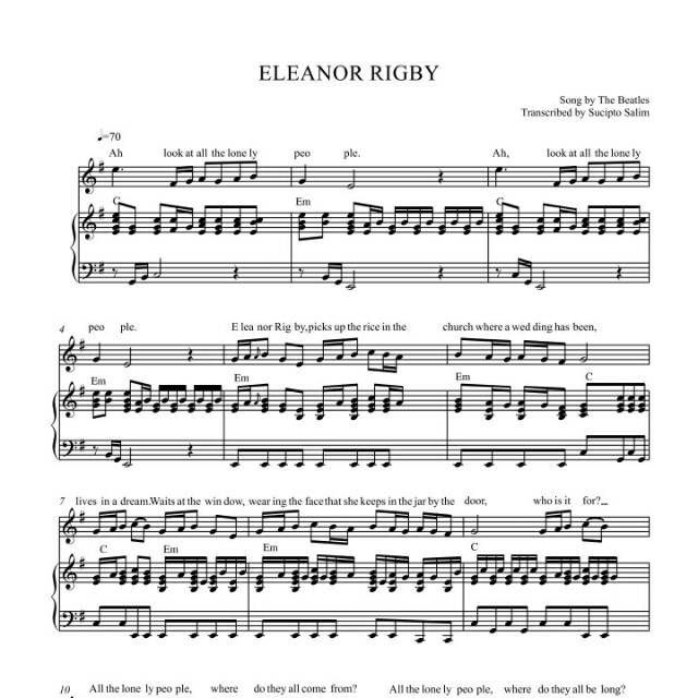 Jual Buku Piano Piano Sheet Eleanor Rigby The Beatles Shopee