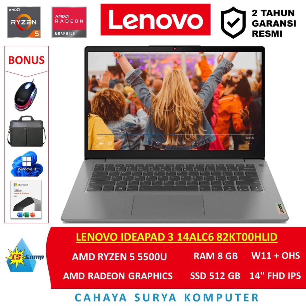 Jual Lenovo IdeaPad 3 14ALC6 82KT00HLID AMD Ryzen 5 5500U RAM 8GB SSD