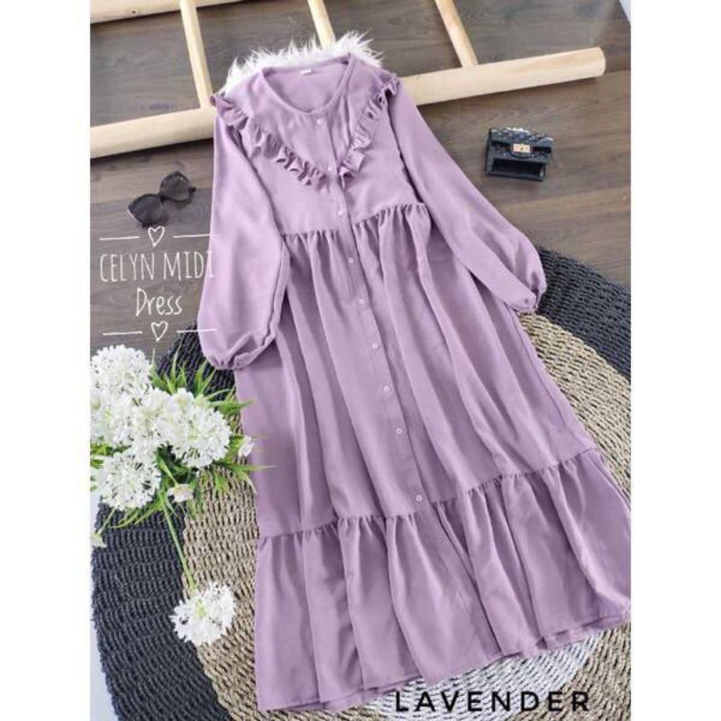 Jual New Celyn Midi Dress Katun Bianca Adem Full Kancing Dres Susun