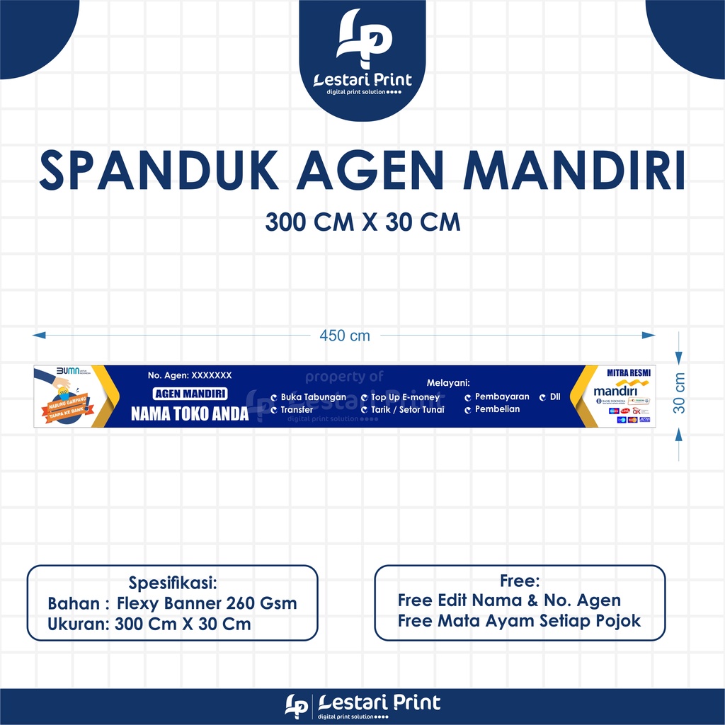 Jual SPANDUK BANNER AGEN MANDIRI 300 CM X 30 CM LESTARI PRINT