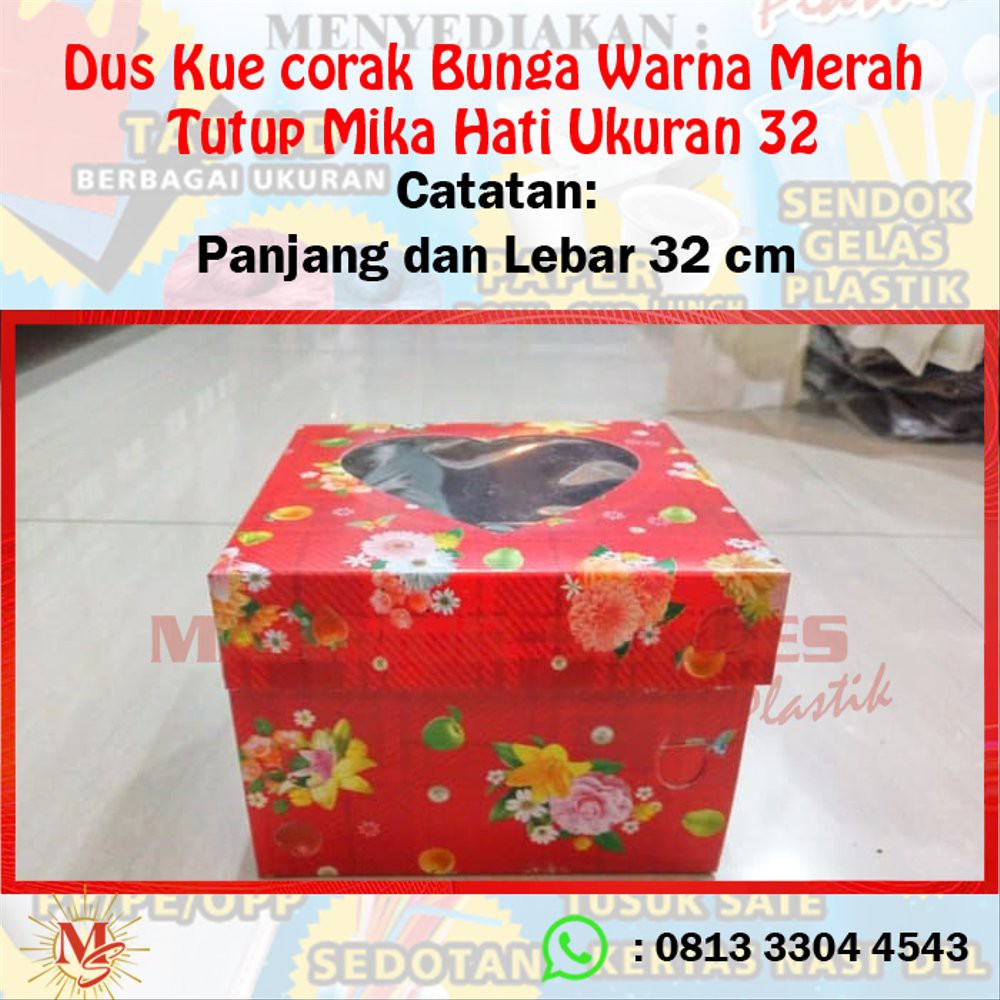 Jual Dus Kue Corak Bunga Warna Merah Tutup Mika Hati Uk 32 Murah