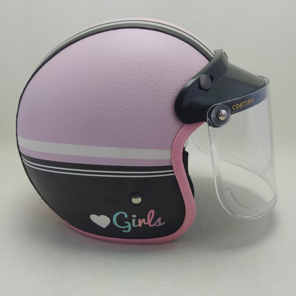 Jual Helm Bogo Retro Kulit Girl Pastel Pink Model Kaca Bubble Flat