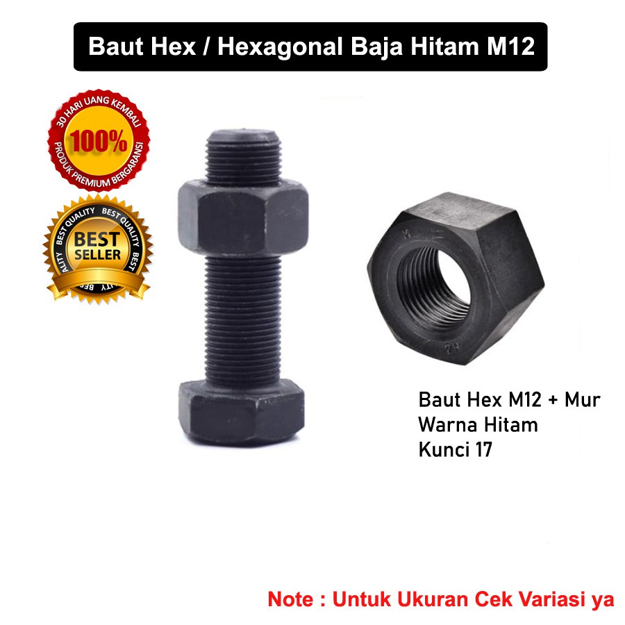 Jual Baut Hex Hexagonal Baja Hitam M12 Mur Baut Pertukangan Bahan