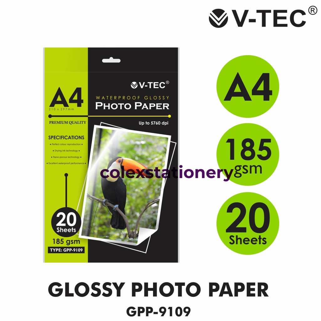 Jual Kertas Foto WaterProof Glossy Photo Paper Vtec A4 185 Gsm