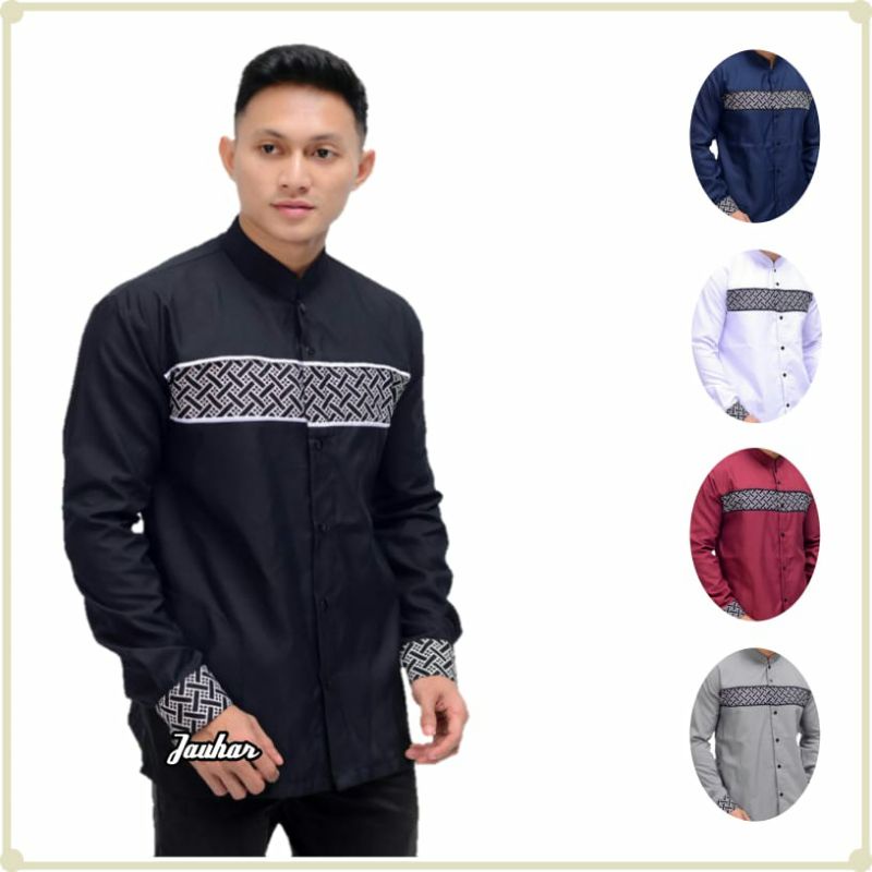 Jual Baju Koko Muslim Atasan Pria Koko Kombinasi Lengan Panjang Motif