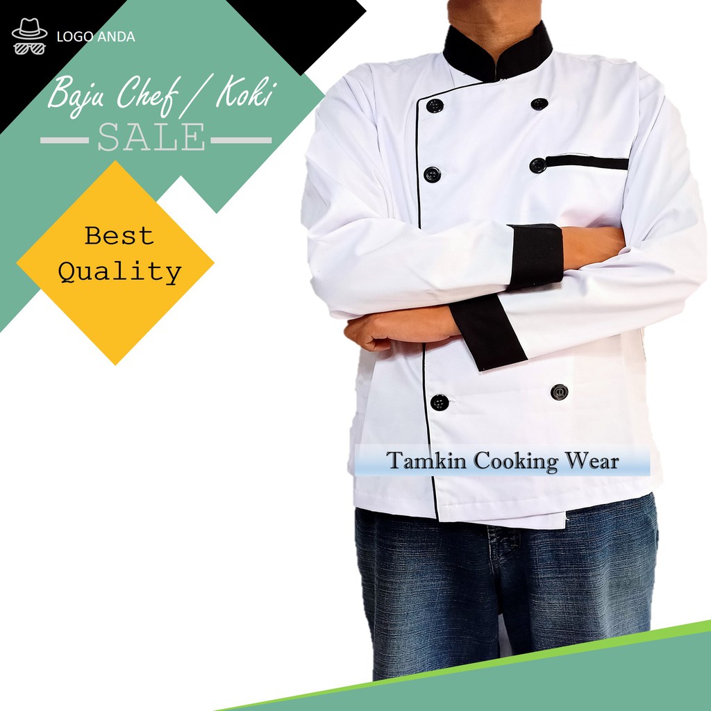 Jual Baju Chef Jacket Seragam Koki Lengan Panjang Hitam Putih Pria