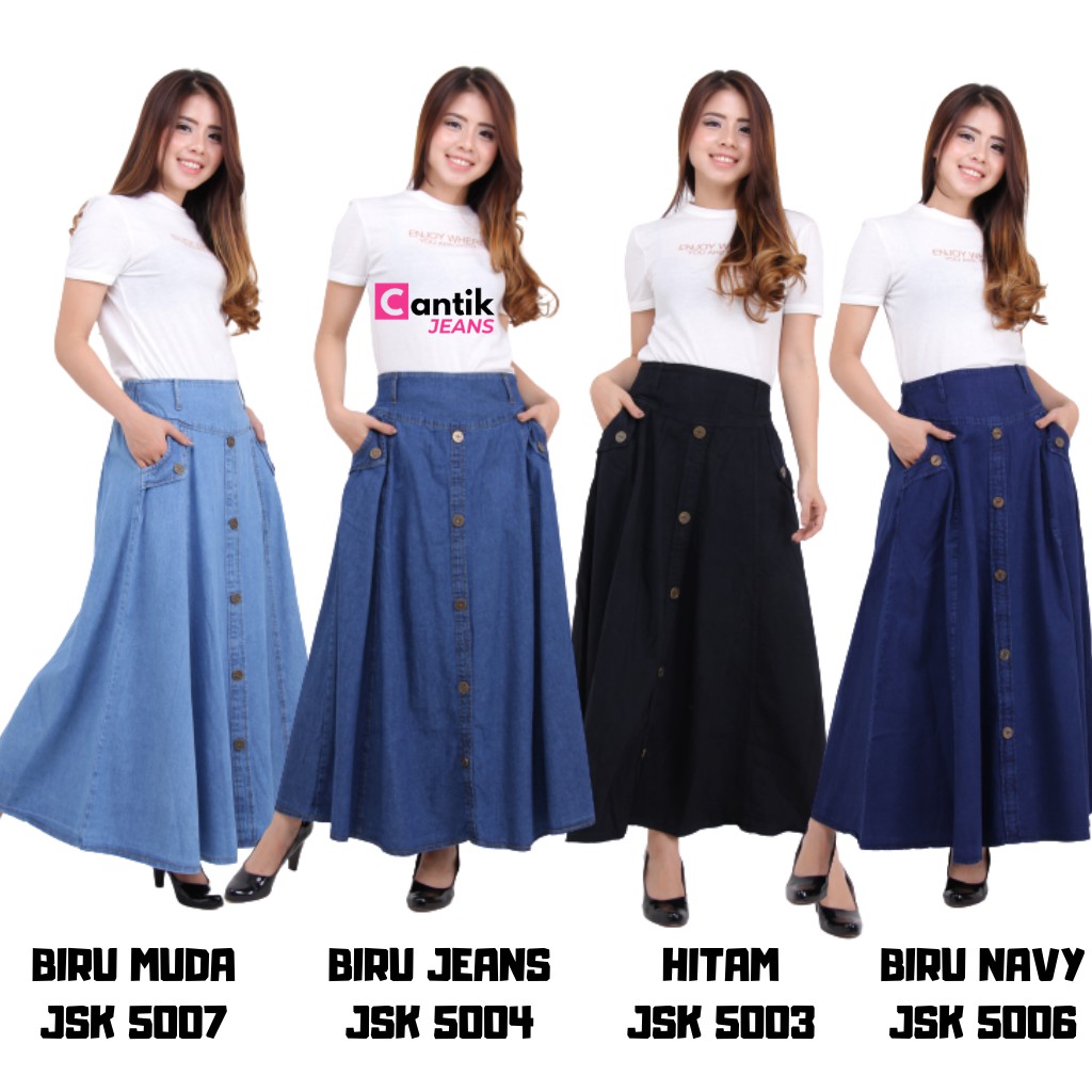 Jual Rok Jeans Panjang Wanita Denim Pinggang Karet Muslim Shopee